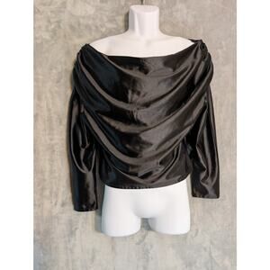 Express Womens Satin Draped Off Shoulder Long Sleeve Blouse Top Black